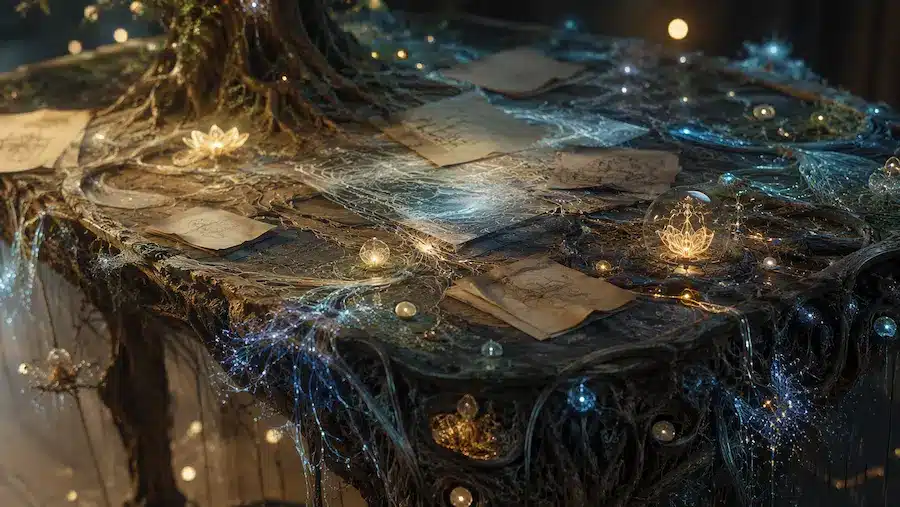 Mesa viva com raízes, circuitos translúcidos, anotações e sementes luminosas representando ética, liderança e responsabilidade no futuro da Inteligência Artificial.
