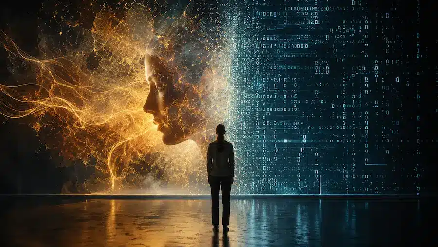 Consciência digital na liderança: a IA conhece você melhor do que você mesmo? 2 Pessoa segurando uma pequena chama diante de uma grande estrutura algorítmica, representando humanidade e resistência tecnológica.