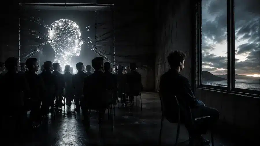 Inteligência artificial pessoal: o que acontecerá com a autonomia humana nas organizações? 3 Pessoa olhando para fora enquanto outras observam uma luz artificial, simbolizando autonomia e pensamento crítico diante da IA.