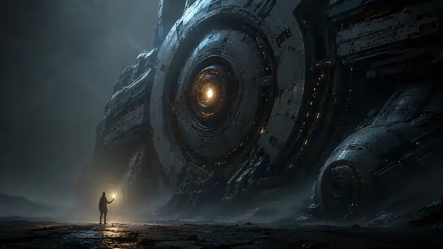 Inteligência artificial pessoal: o que acontecerá com a autonomia humana nas organizações? 4 Pessoa segurando uma pequena luz diante de uma máquina imensa, simbolizando consciência humana em um mundo tecnológico.