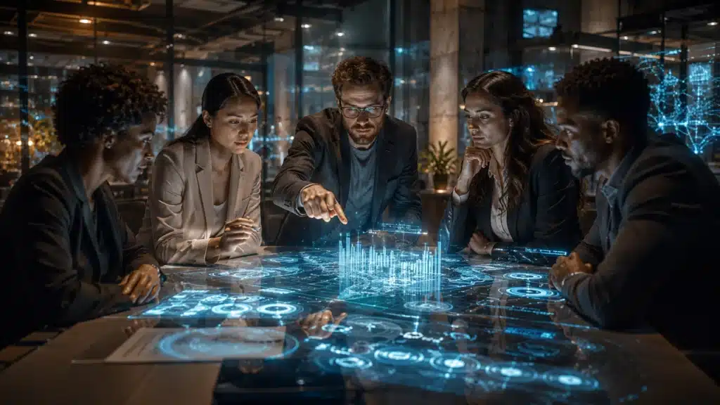 O que realmente está mudando na Inteligência Artificial? Três sinais que se repetiram no AI for Good Summit 1 Grupo diverso de líderes analisa projeções digitais representando decisões humanas e inteligência artificial.