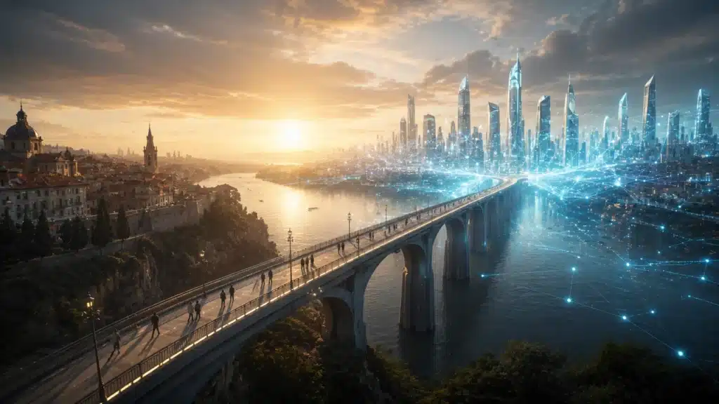 O que realmente está mudando na Inteligência Artificial? Três sinais que se repetiram no AI for Good Summit 2 Ponte ligando uma cidade tradicional a uma cidade futurista iluminada por redes inteligentes.