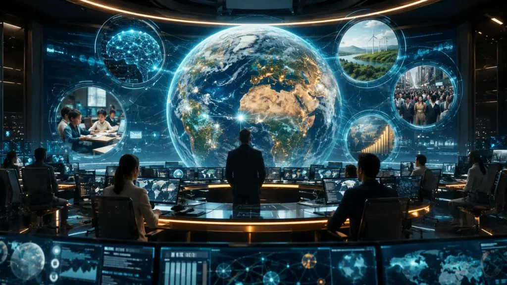 Mudança civilizacional: por que líderes precisam ampliar o olhar além da IA 1 Mudança civilizacional - Ambiente tecnológico mostrando conexões entre clima, inteligência artificial, economia e sociedade.