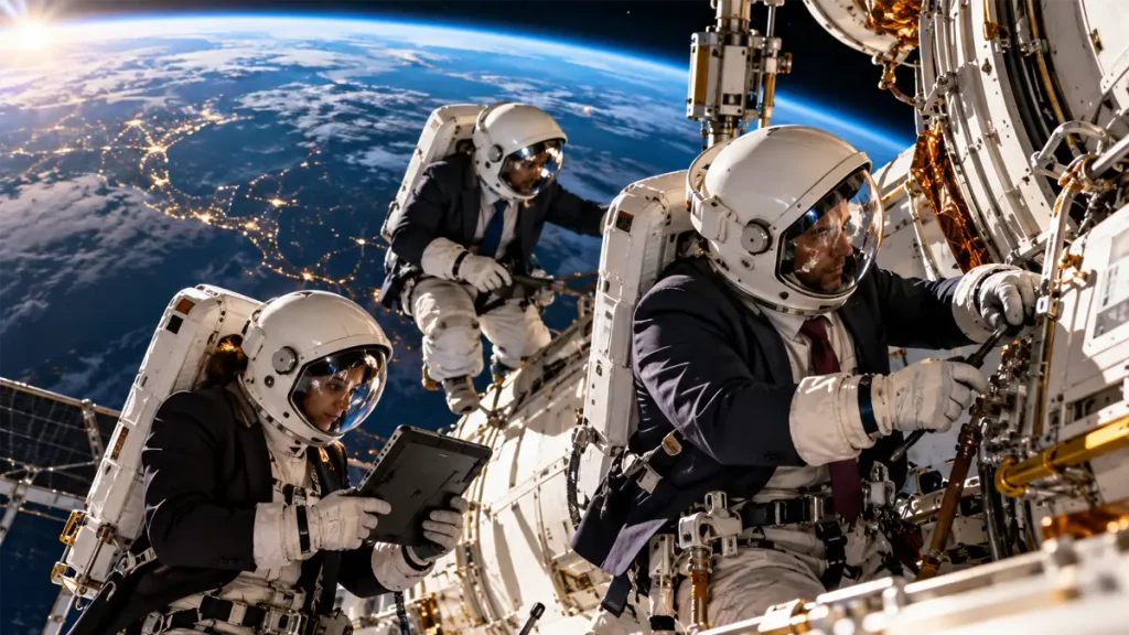 líderes astronautas consertando a nave enquanto mantém a órbita na terra.