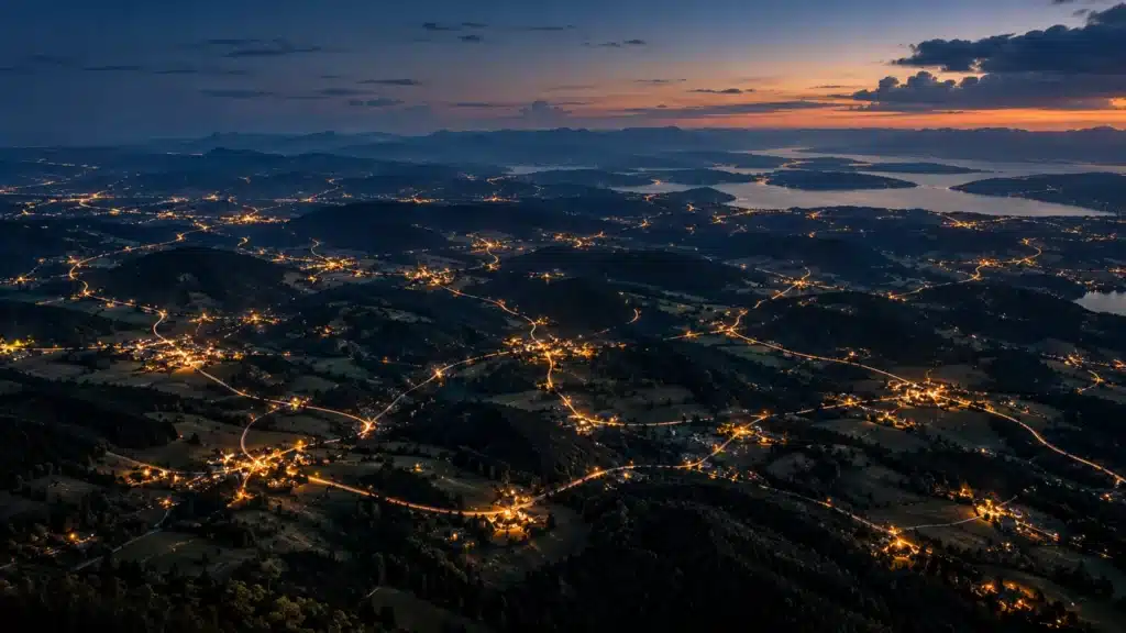 FRANQUEADO PODE INOVAR? 1 Rede de pontos de luz interligados simbolizando o compartilhamento de conhecimento e a inteligência coletiva nas franquias.